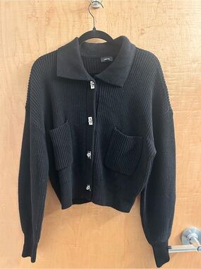 Express Black Knit Button-Front Sweater with Patch Pockets and metal buttons